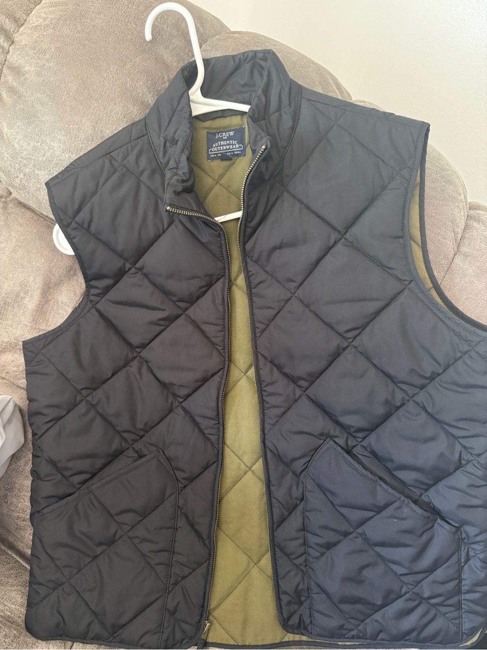 J. Crew Quilted Black Men's Vest with Olive Interior